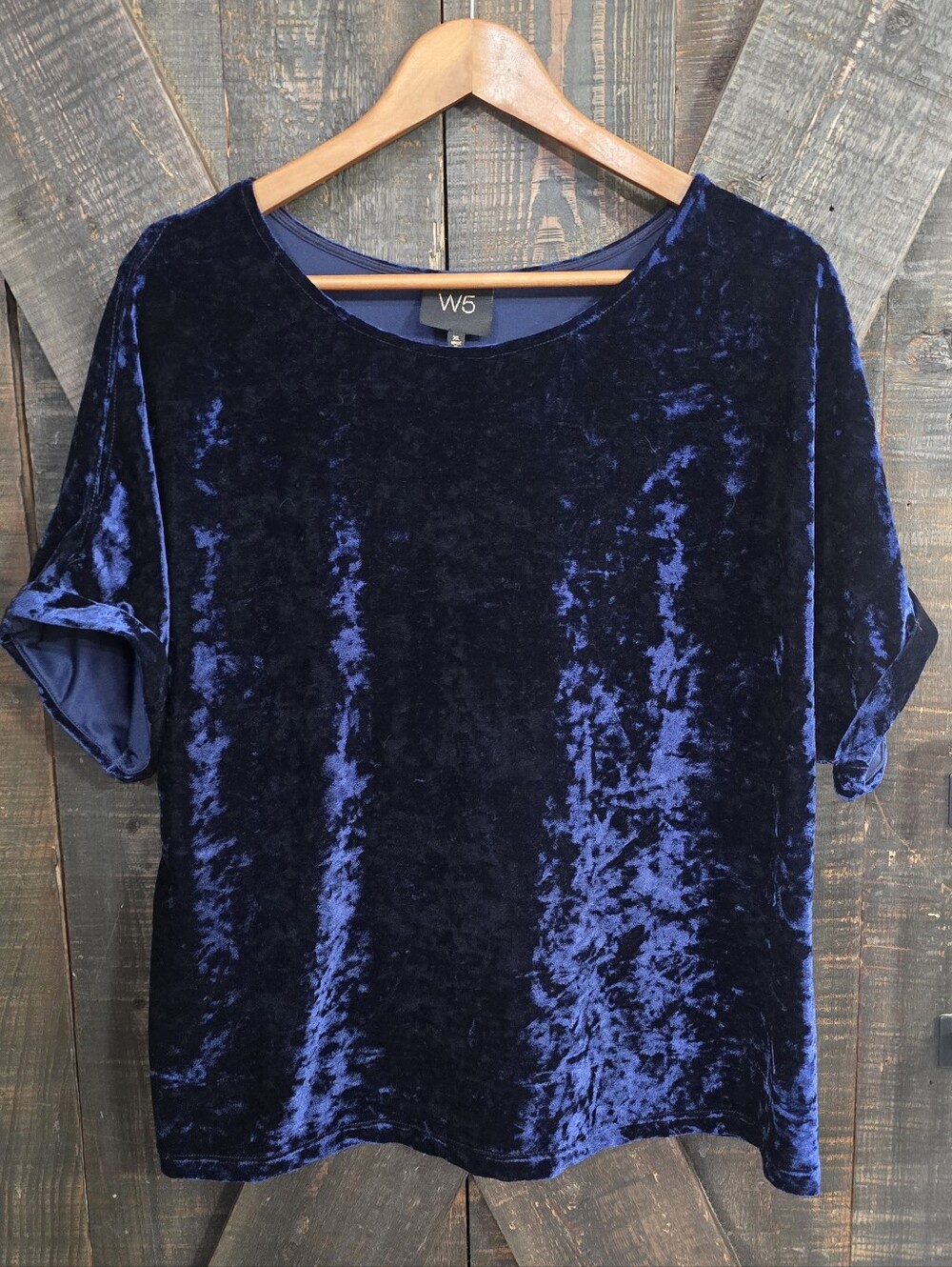 W5 Women's Crushed Velvet Short Sleeve Top in Navy Blue XL